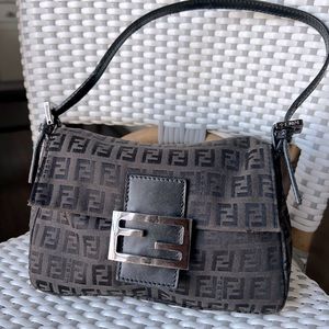 Fendi AUTHENTIC Monogram Canvas Mini Baguette Style Shoulder Bag Used